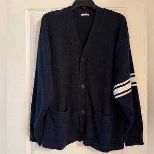 Uniqlo GU Men's Navy Button-Front Cardigan Sweater with Stripe Sleeve